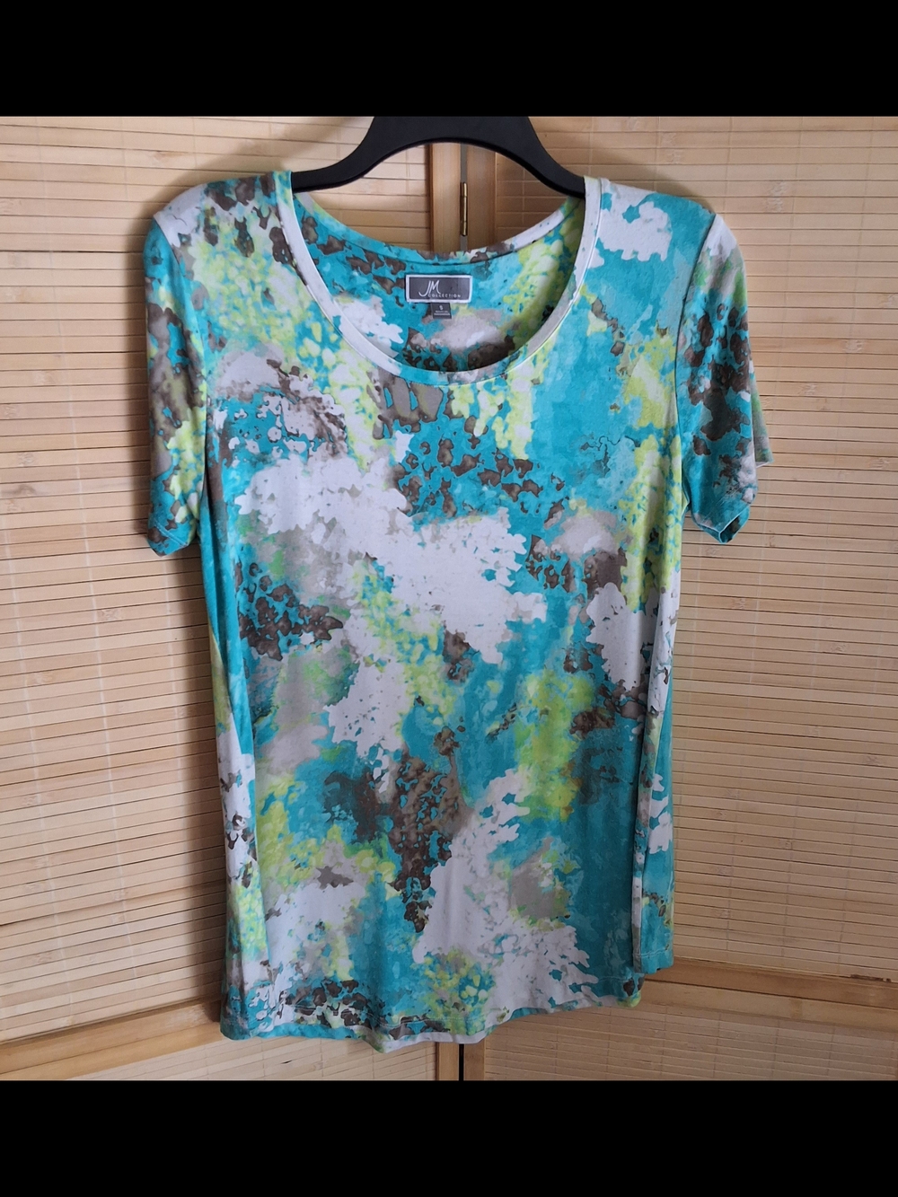 JM Collection Turquoise Lime Abstract Scoop Neck Tee